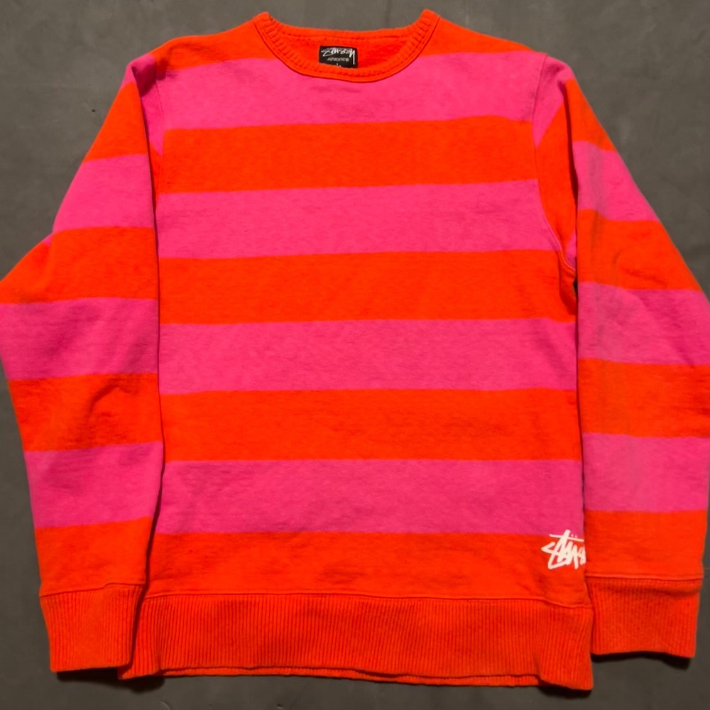 Vintage Y2K Stussy Red Striped‎ Crewneck Sweatshirt Pink Logo Fleece Size Large